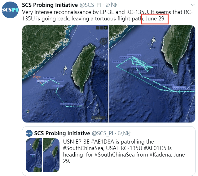 今天,解放军和美军战机又同时现身台湾西南空域!