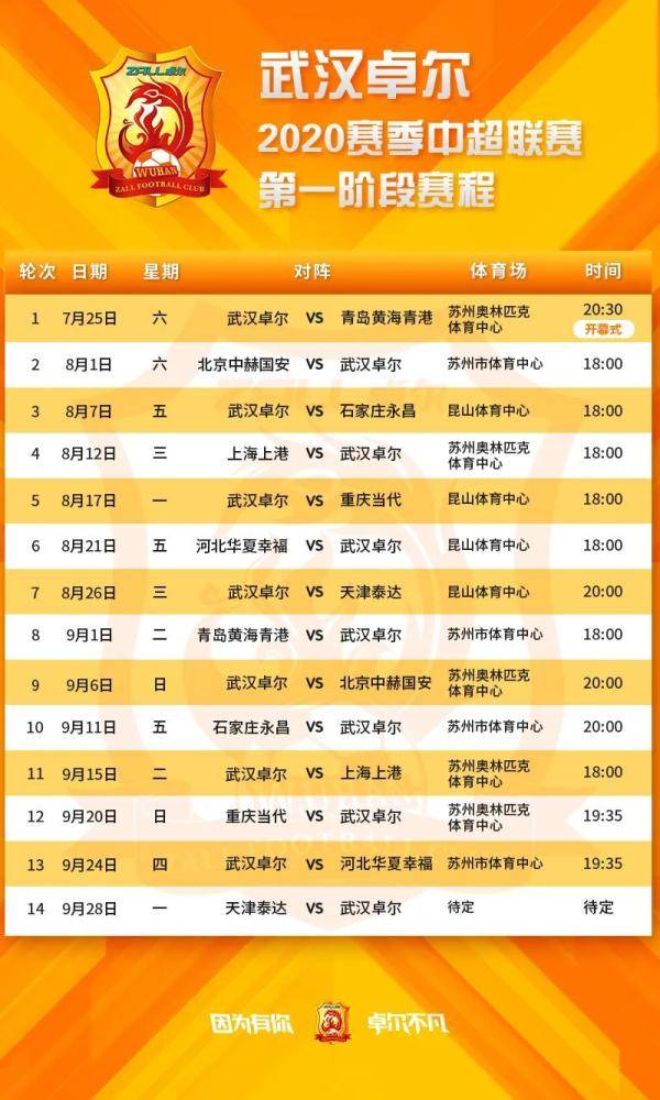 2020中超联赛赛程出炉,武汉卓尔揭幕战对阵青岛黄海青港