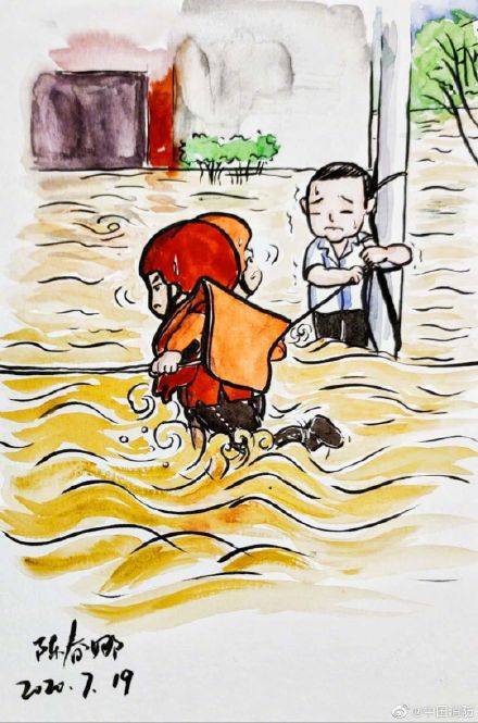 网友手绘消防员洪水中的暖心瞬间