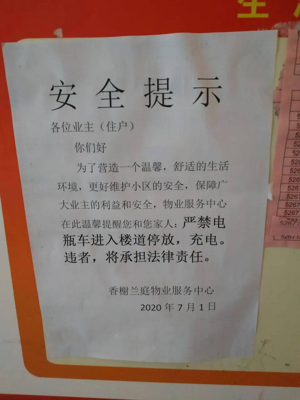 各个楼道口都张贴了"严禁电瓶车进入楼道内充电,防止火灾"的警示标语