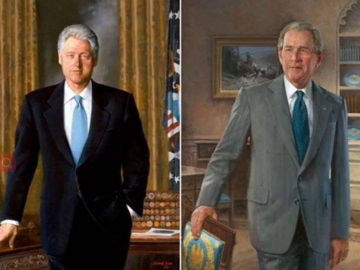 图为美国前总统克林顿和乔治·w·布什的官方肖像.