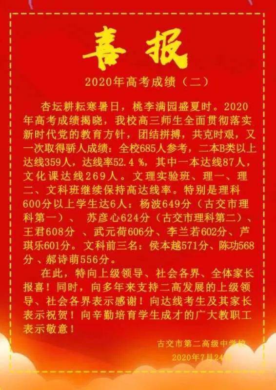 向全市人民报喜了!古交一中,古交第二高级中学校2020年高考喜报