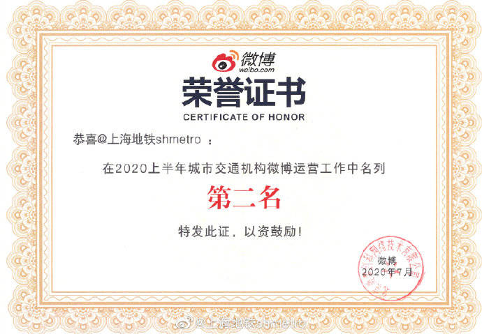 微博|地铁爱广播：上海地铁官方微博喜获“2020上半年城市交通机构微博第二名”