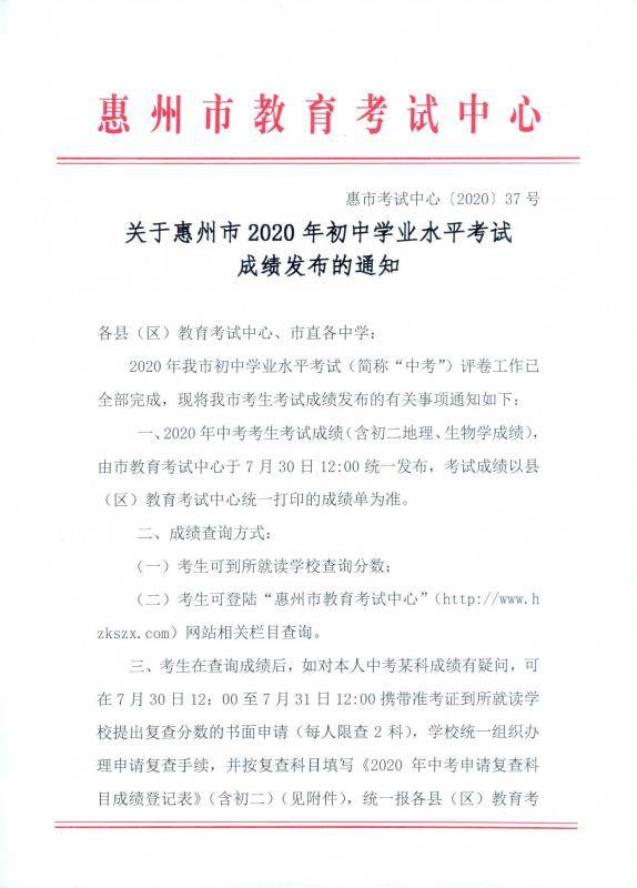 惠州2020中考成绩排_2020年广东惠州中考查分入口(已公布)