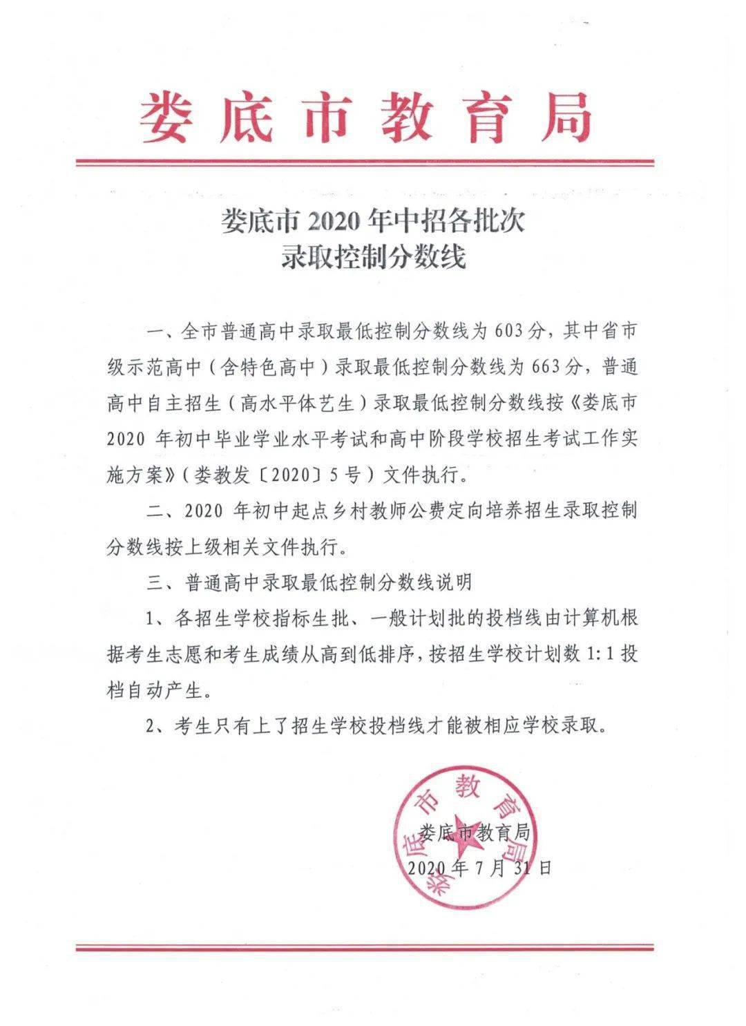 娄底市2020年中考成_娄底市2020年中招各批次录取控制分数线