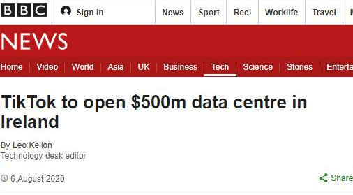 字节|TikTok：将斥资5亿美元在爱尔兰设欧洲数据中心
