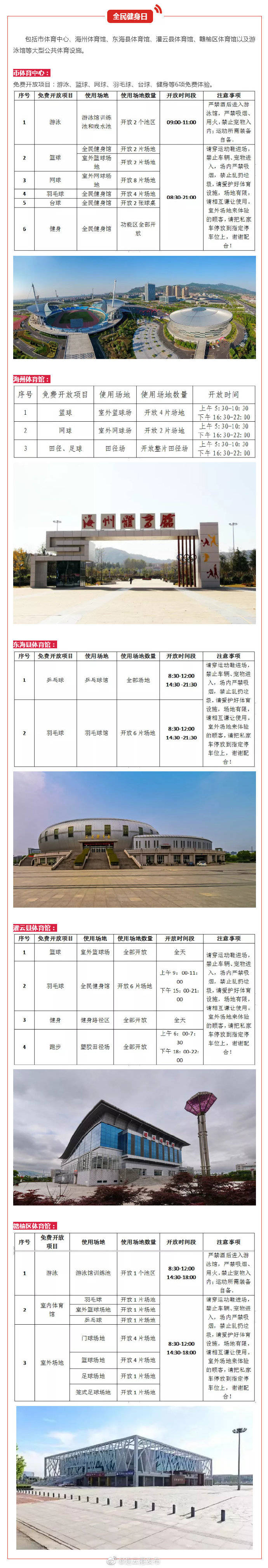 体育场馆|明天！连云港各大体育场馆免费开放！