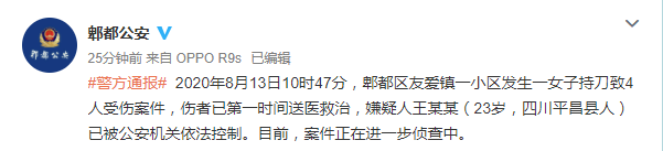 伤人|四川23岁女子持刀伤人致4伤，目前已被控制