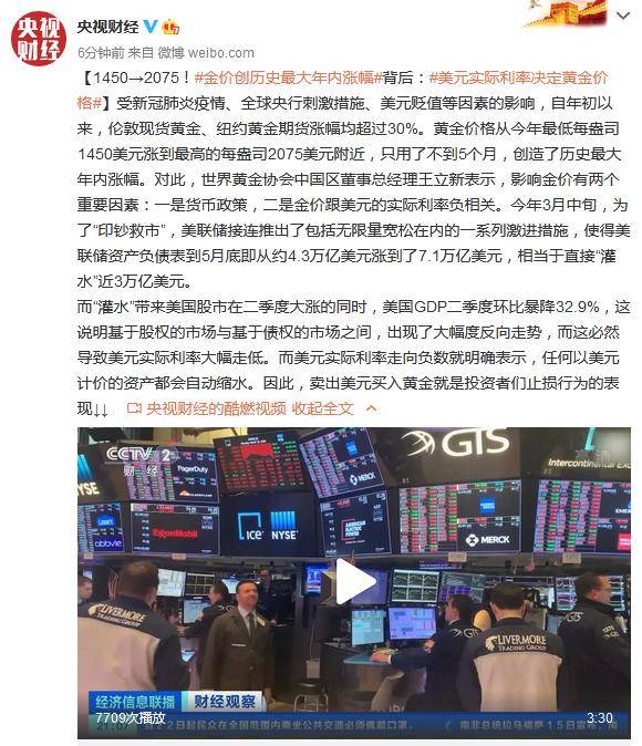 实际|1450→2075！金价创历史最大年内涨幅背后：美元实际利率决定黄金价格