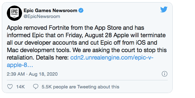 Epic|苹果威胁Epic Games：月底前关闭其开发者账户