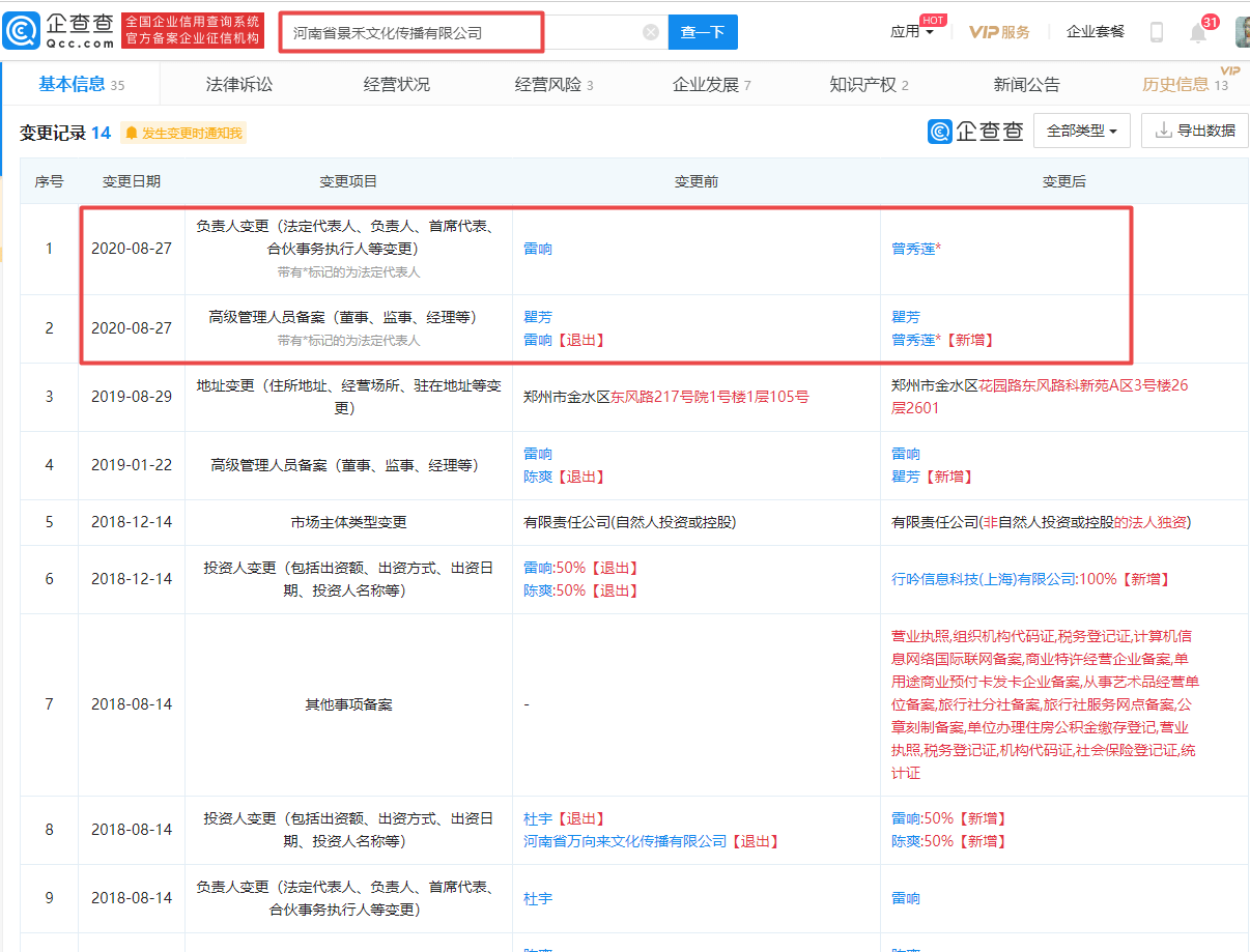 景禾|小红书关联公司法定代表人变更，雷响退出，曾秀莲接任