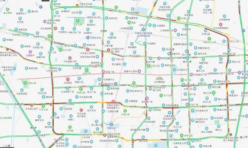 从今天下午4点多开始,  百度地图显示: 石家庄市区多条道路 到了晚上