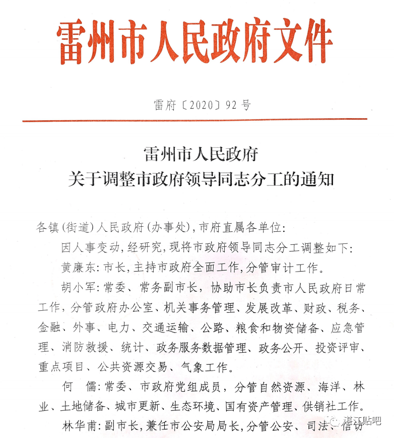 雷州市人民政府各领导分工管理事务