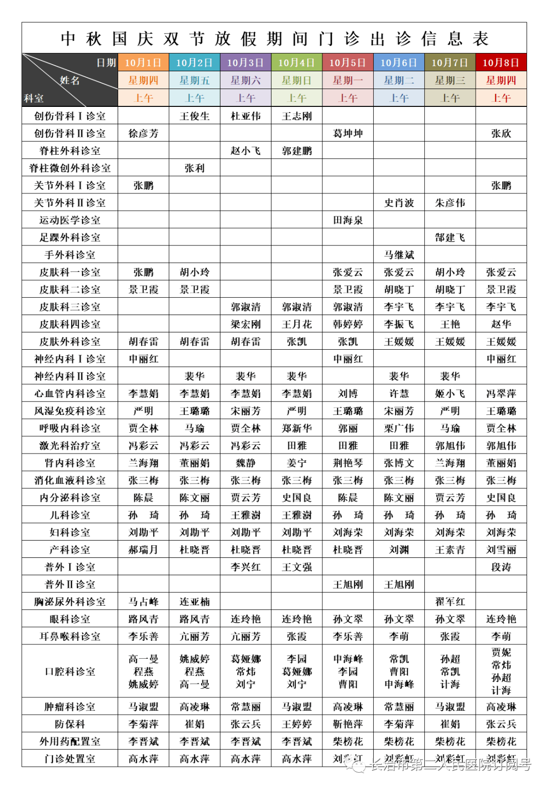 收藏!长治二院国庆期间门诊出诊信息