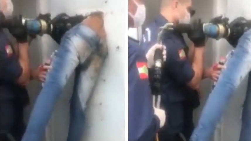 巴西一名嫌犯越狱被卡牢房门洞 身体悬空进退不