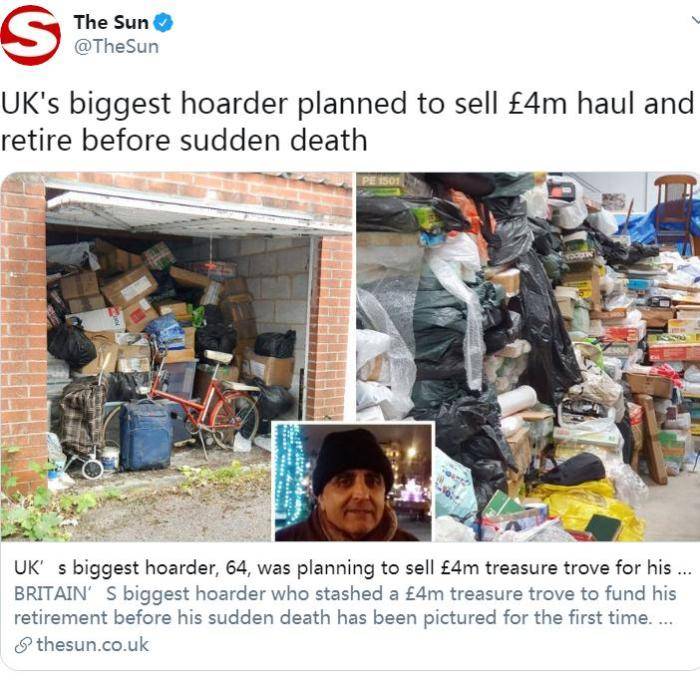 老人生前疯狂囤6万件物品 拍卖总价最高达400万英镑