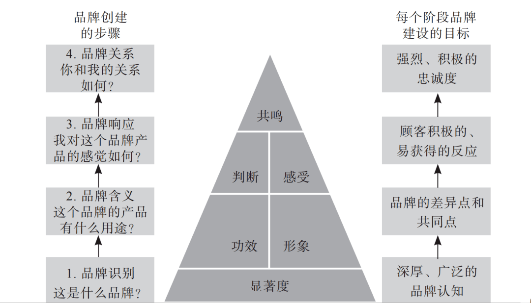 基于顾客的品牌资产金字塔展示了品牌创建的步骤和每个阶段品牌建设的