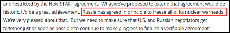 俄同意冻结核弹头数量,“人民公敌”表示赞赏