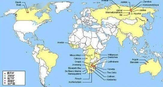 世界钻石矿场分布图:世界钻石矿床分布图:世界钻石出产国分布图:很多