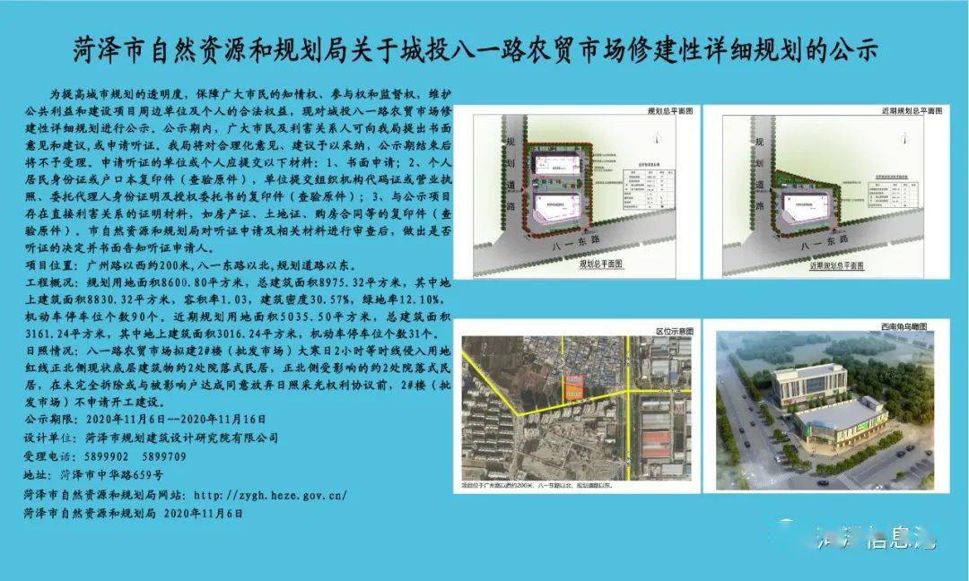 菏泽1地块,2农贸市场规划方案公示!涉及牡丹路,八一路,万福河,长城路.