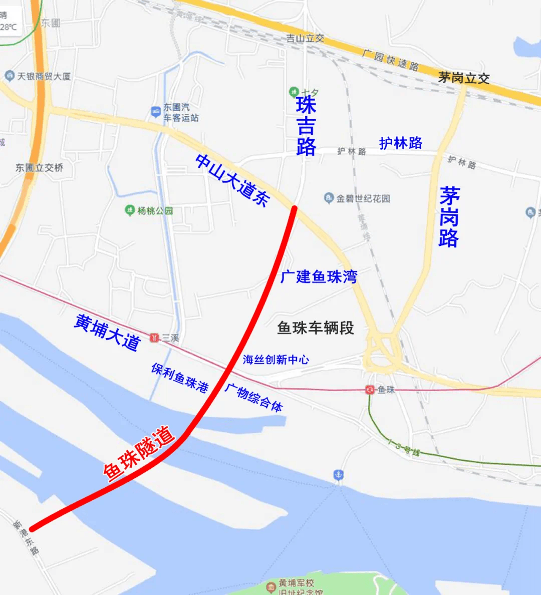 海珠区新港东路北岛创意园附近,以隧道形式下穿珠江,在珠江北岸鱼珠湾