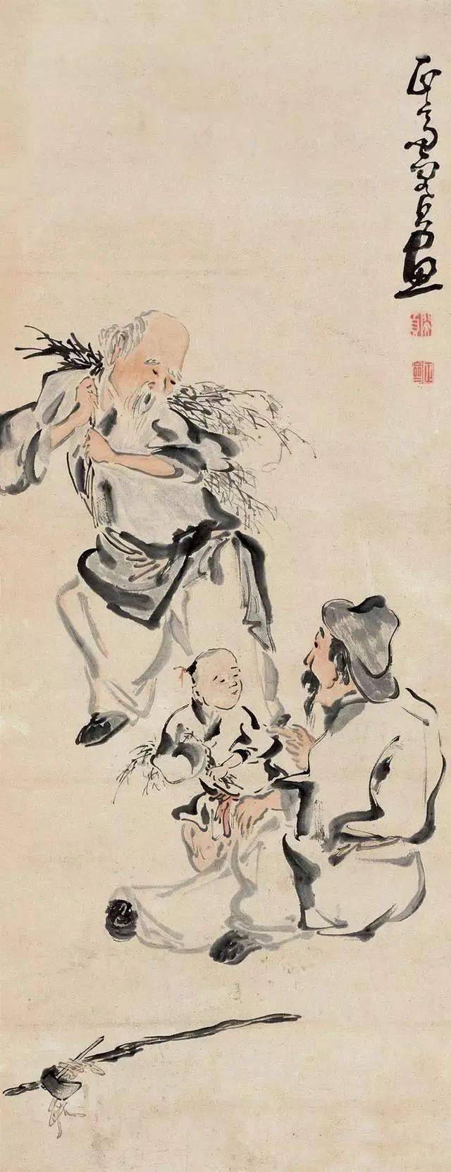 闵贞的传世人物画有粗笔与细笔两种画法,粗笔者笔墨酣畅奇纵,不拘常规