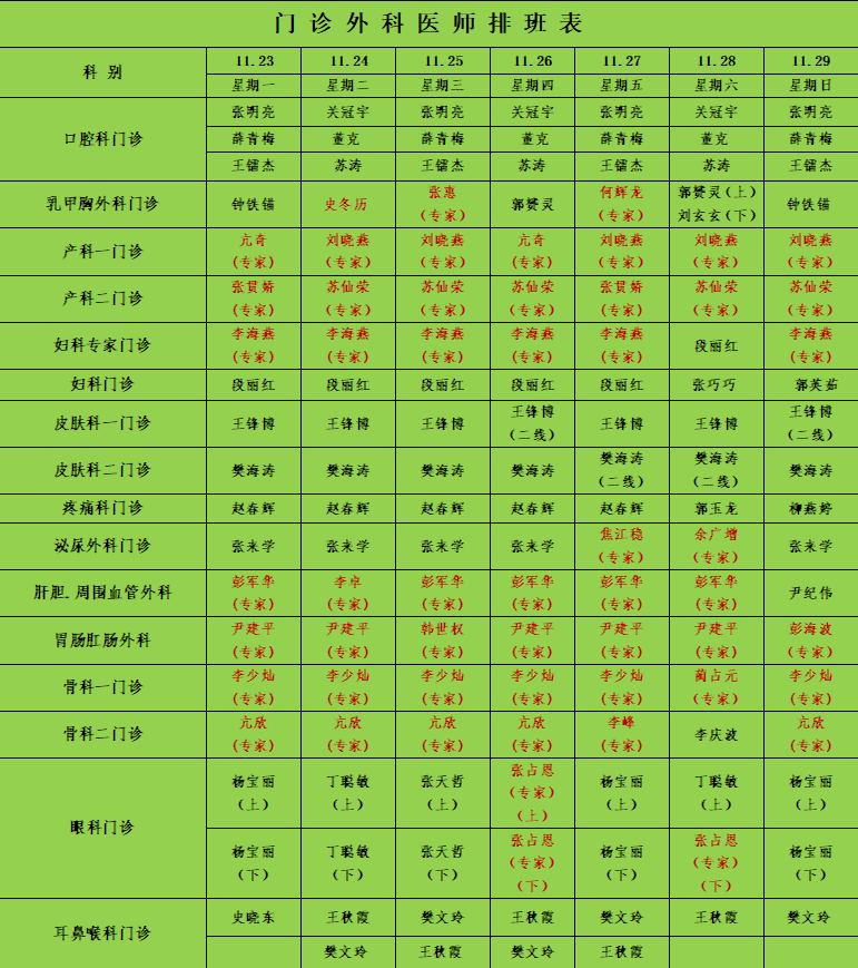 【灵一医讯】本周门诊专家及医师坐诊时间排班表(11月