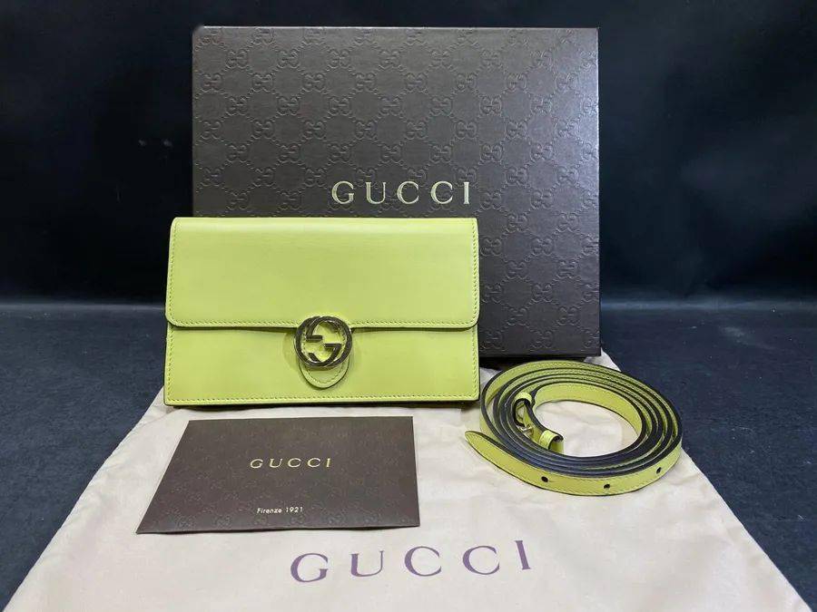 058 gucci/古驰 黄绿色斜跨小包