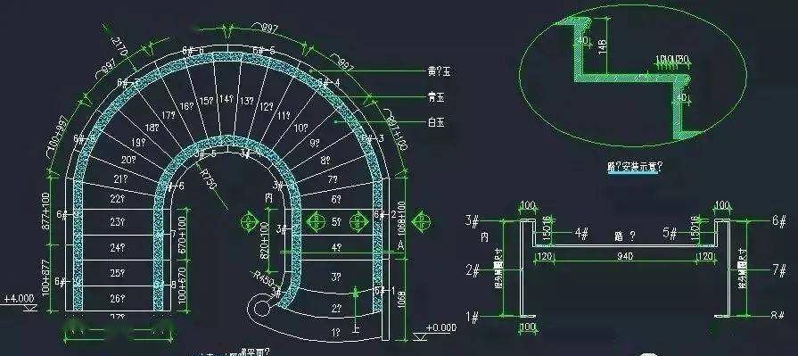 石材旋转楼梯cad素材正面与侧面平面图参考