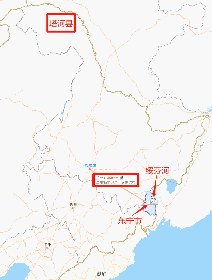 通过地图查询可知,出现疫情的 3 地: 塔河县与哈尔滨 直线距离近 800