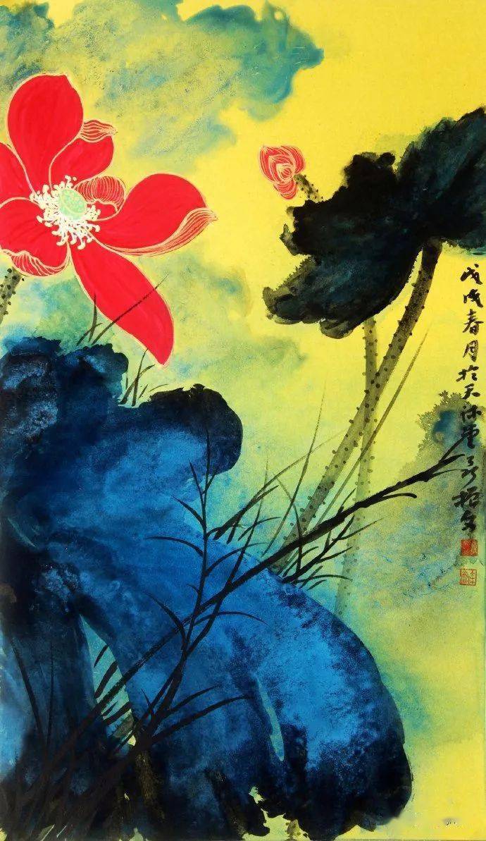 他是张大千再传弟子,看看他的泼墨泼彩荷花!