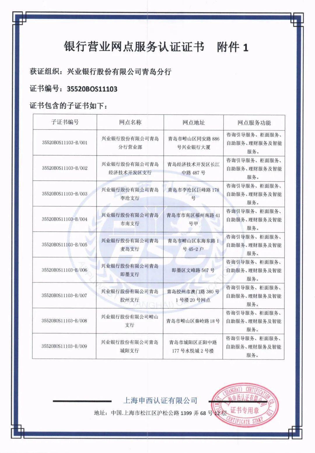 兴业银行青岛分行全面通过营业网点服务国家标准认证