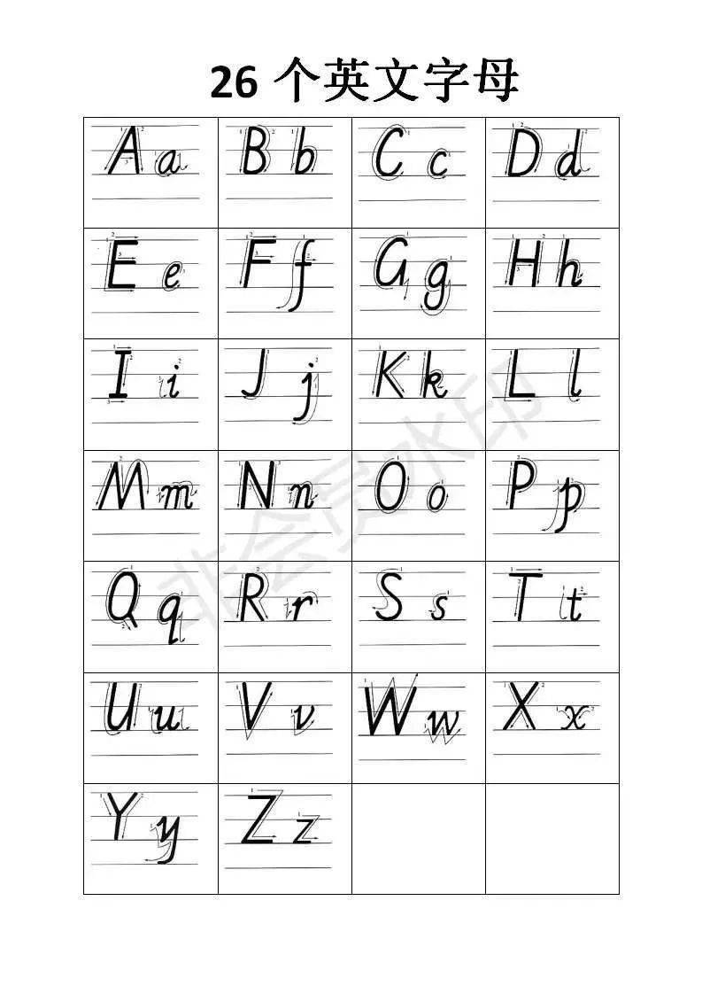 小学英语26个字母书写表 包括数字和标点符号