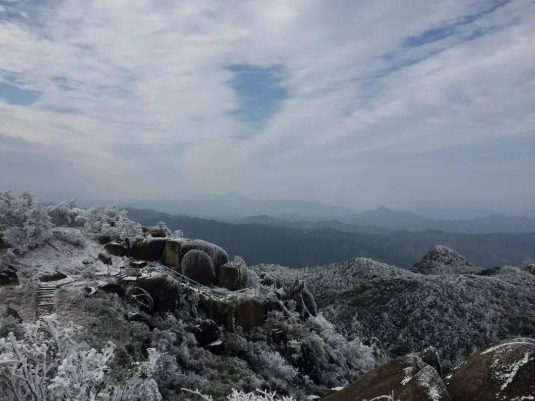 德化九仙山温度达到零下,山上湿度大,在风力的作用下,雪白的雾凇逐渐