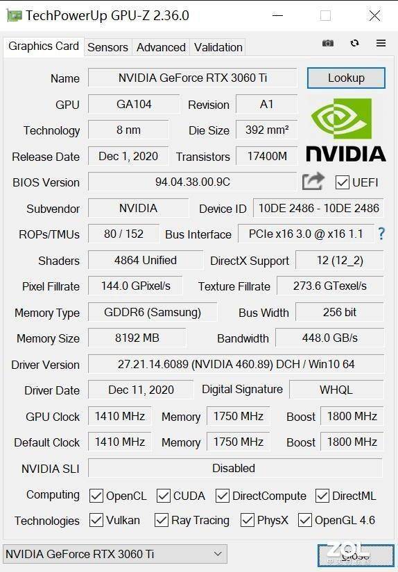 首先看一下gpu-z的参数,rtx 3060 ti采用ga104核心,三星8nm工艺,芯片