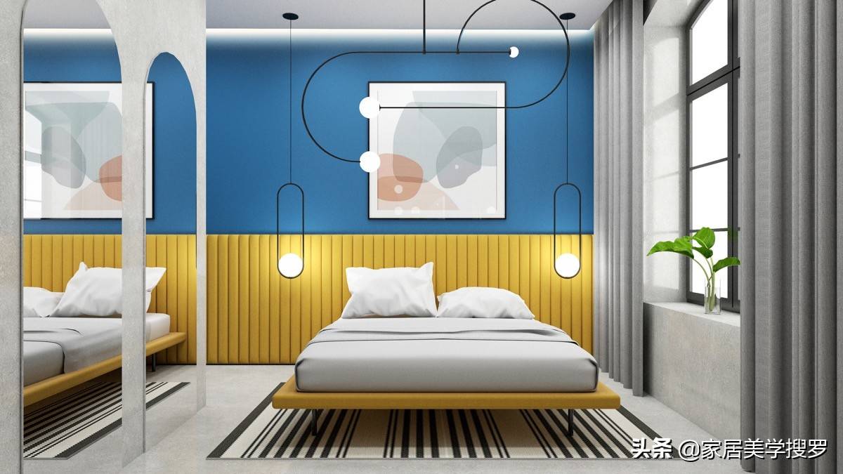 红色黄色和蓝色的家居装饰色彩对比鲜明的室内空间