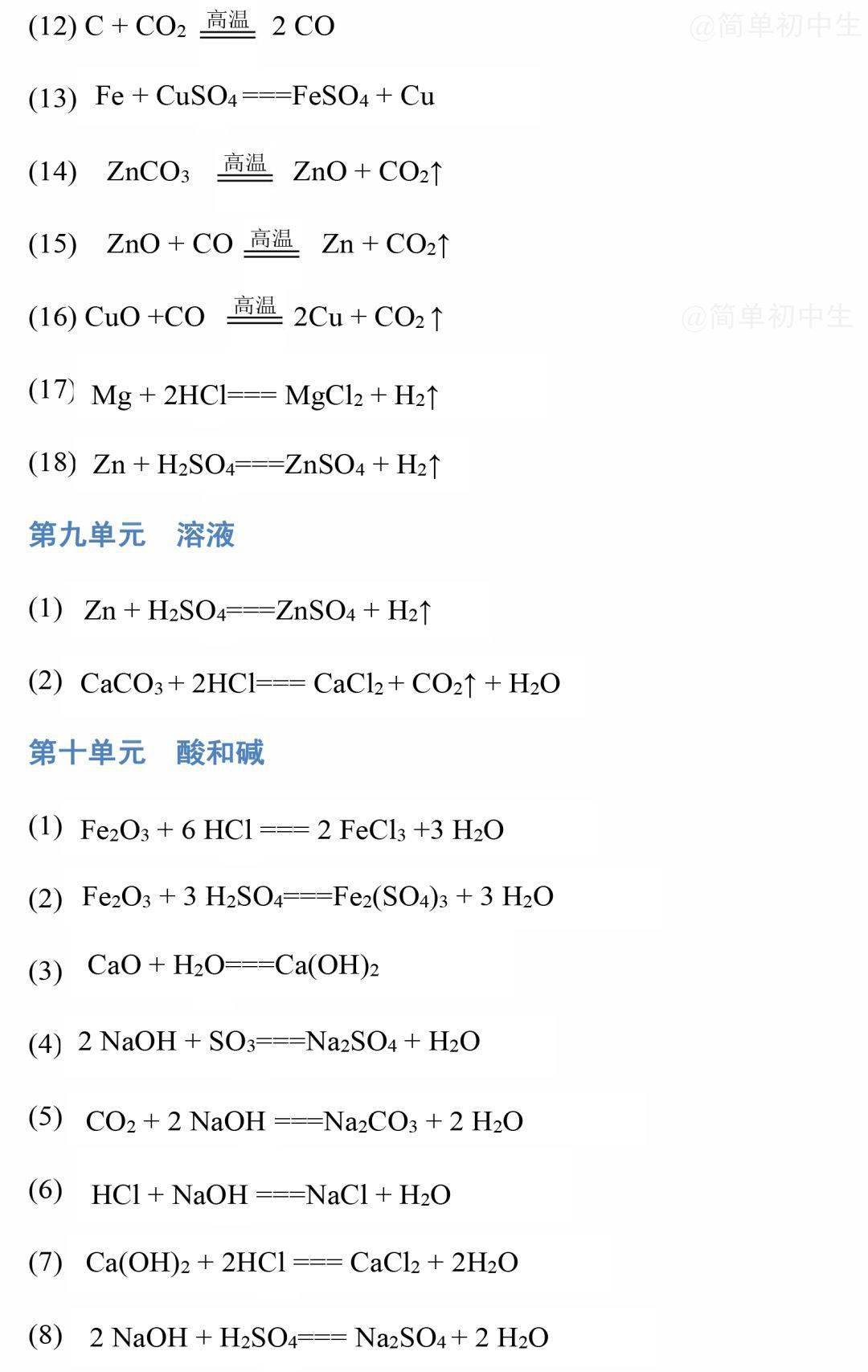 复习必备九年级化学各单元化学方程式汇总