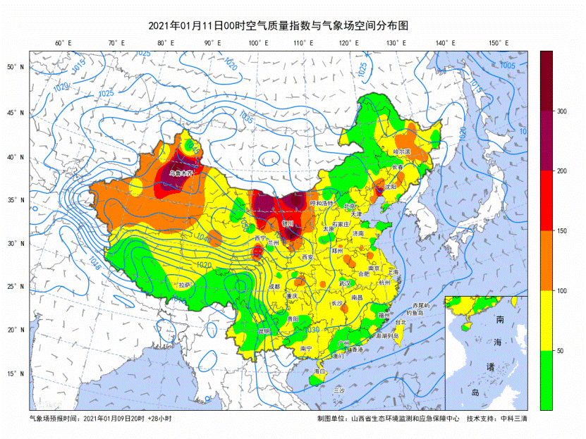 2021年1月11日0时至12日4时空气质量指数与气象场空间分布图