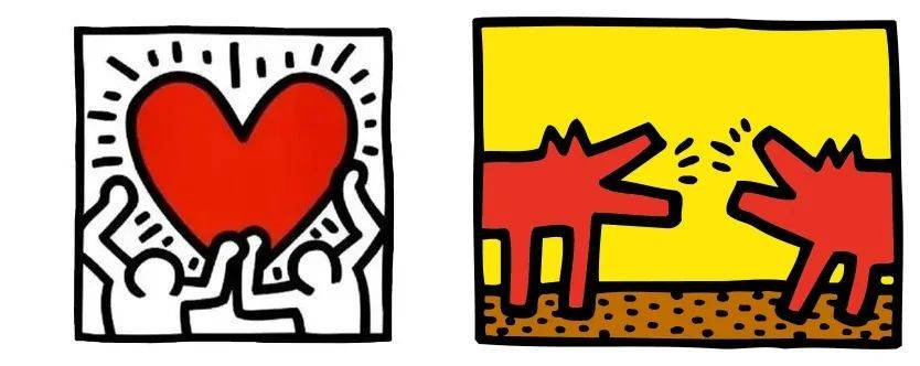 keith haring的作品荒诞又充满动感,标志性的"爱心""发光婴儿"和"