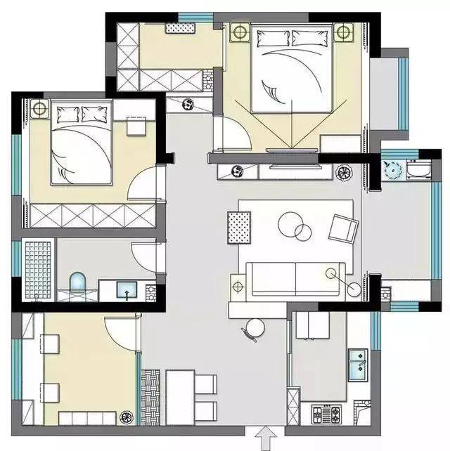 【家装】100平左右的可以这样设计,三室一厅,还有衣帽间和厨房