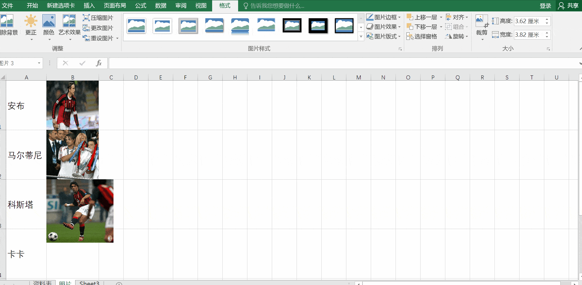 单击照片,单击图片工具中的格式,单击对齐,选择对齐网格;单击大小,在