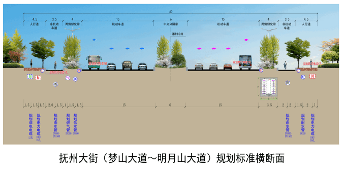 道路标准横断面规划为四块板型式,抚州大街(石流公路-鲁田路)段机动