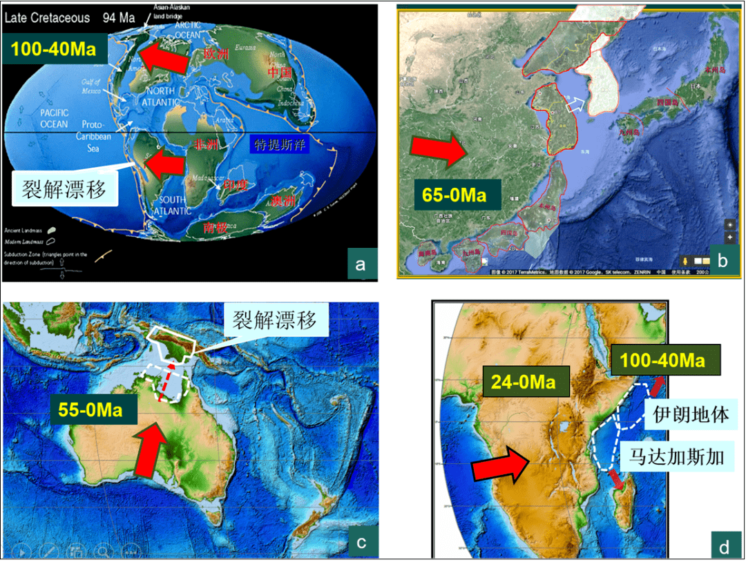 大陆漂移过程中各个大板块发生的陆缘裂解示意图