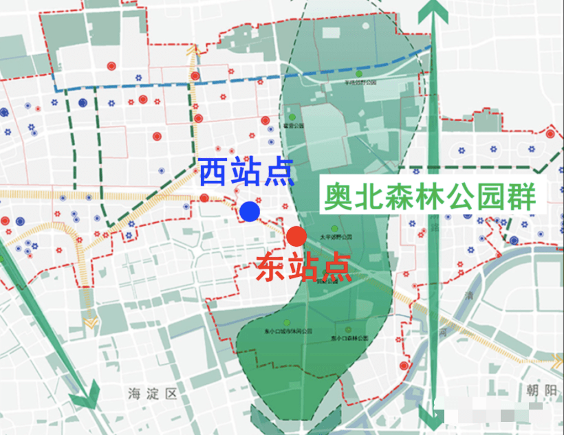 奥北森林公园群与建材城东站的东站位和西站位地理关系示意图建材城