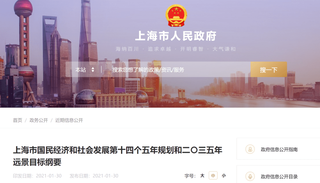 1月30日,上海市人民政府网站发布《上海市国民经济和社会发展第十四个
