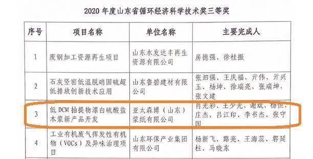 亚太森博一项技术成果获山东省循环经济科学技术奖