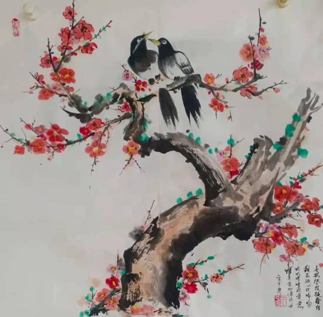 喜鹊凌风报春来. 严霜化血花千朵, 寒梅怒放彤云开. 2021.2.