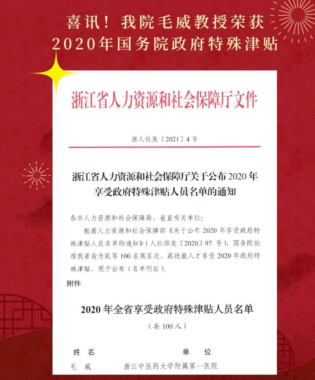 厅公布了2020年全省享受政府特殊津贴人员名单(浙人社发〔2021〕4号)