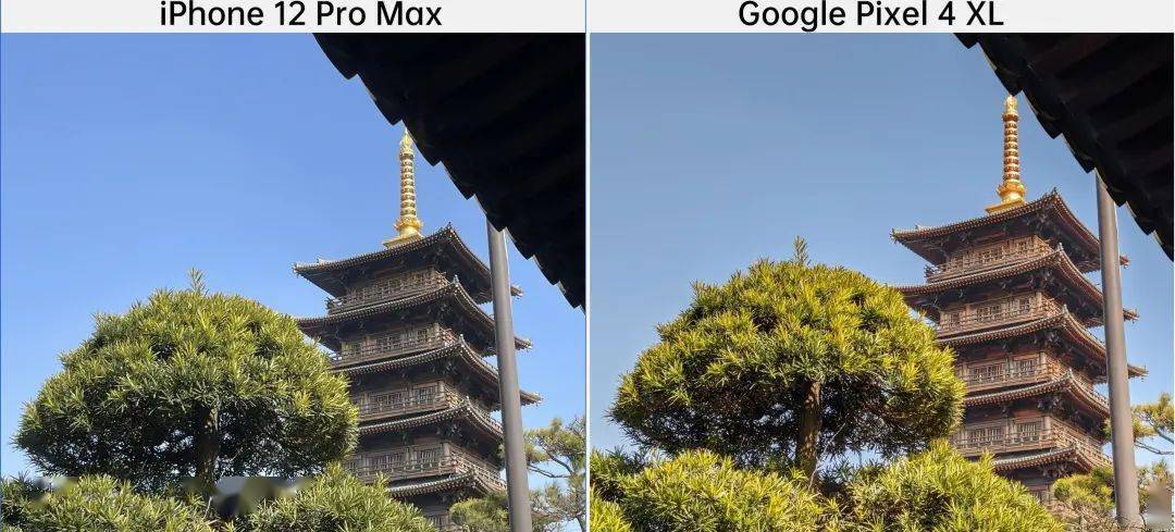 在如下这种背光极限大光比的情况下,两台手机都出现了暗部建筑周围有