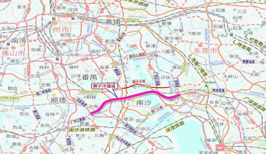 狮子洋通道起于东莞市虎门镇,向西跨越珠江连接广州南沙,全长约35km.